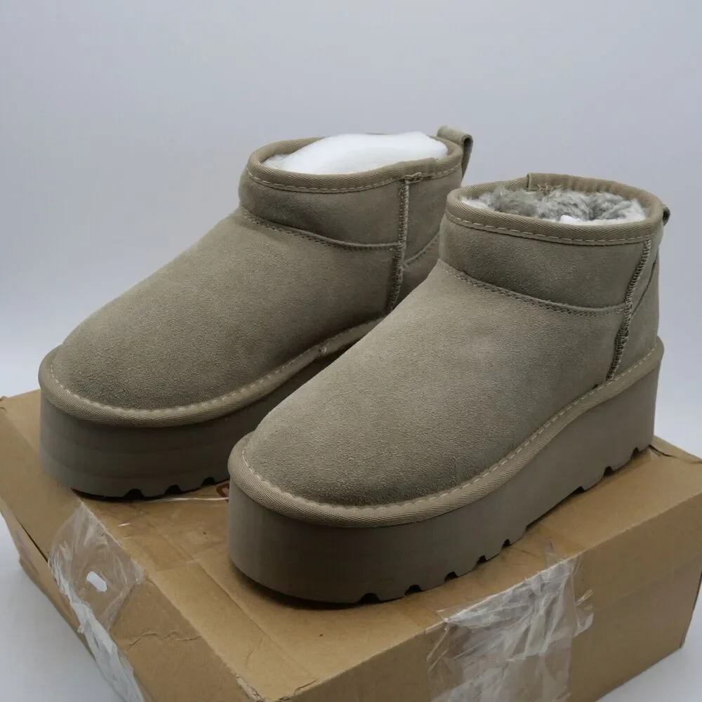 NEW Project Cloud Huggy Women's 6 Platform Suede Ankle Boots Taupe Brown Faux Fu